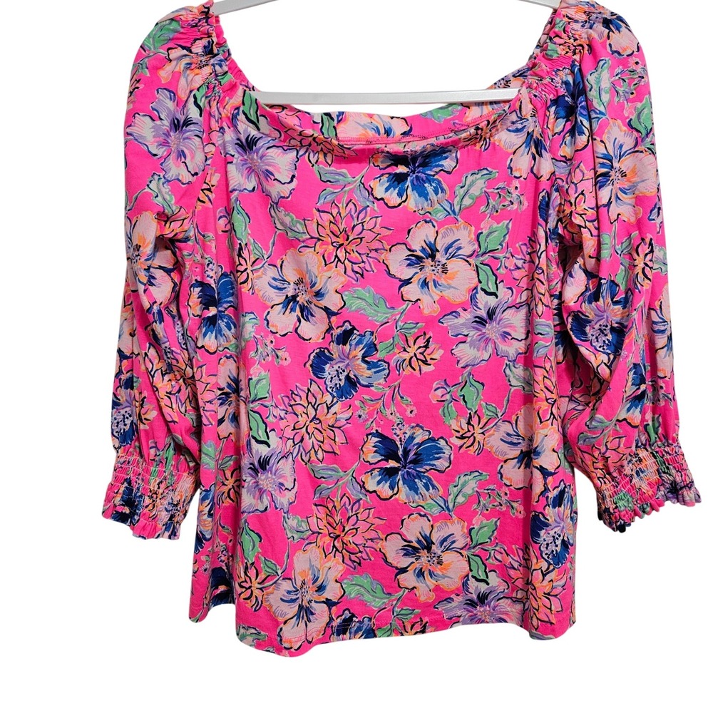 Lilly Pulitzer Etta Off The Shoulder Top Floral 100% Cotton Coastal Beach Pink L